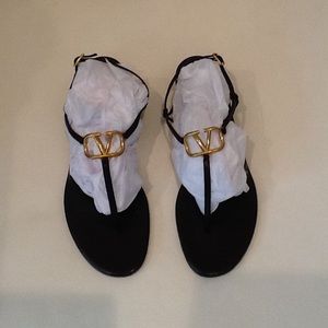 Valentino Garavani Black Gold Logo Sandals